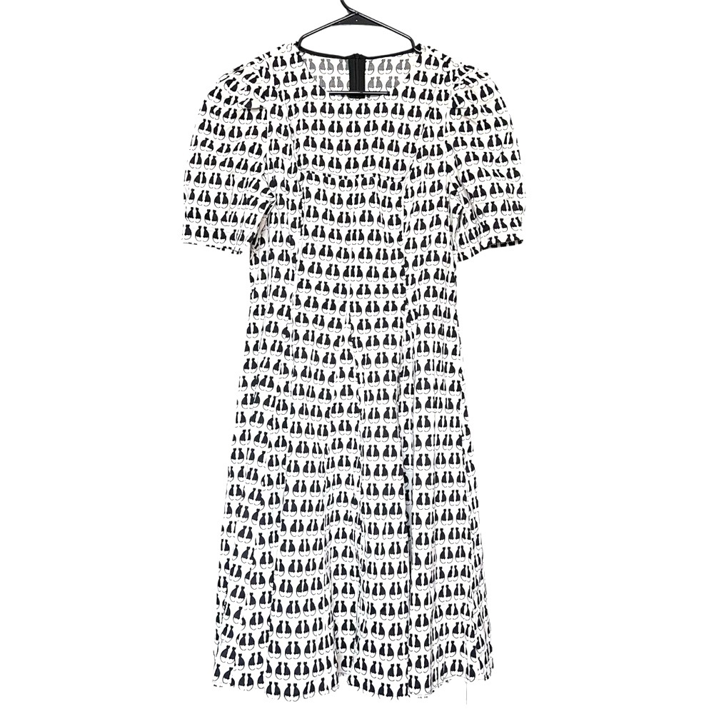 NWT Xuege Cat Theme Dress SZ 6-8 Blk/White Flouncy Boho Hipster Retro A-Line - Picture 3 of 8